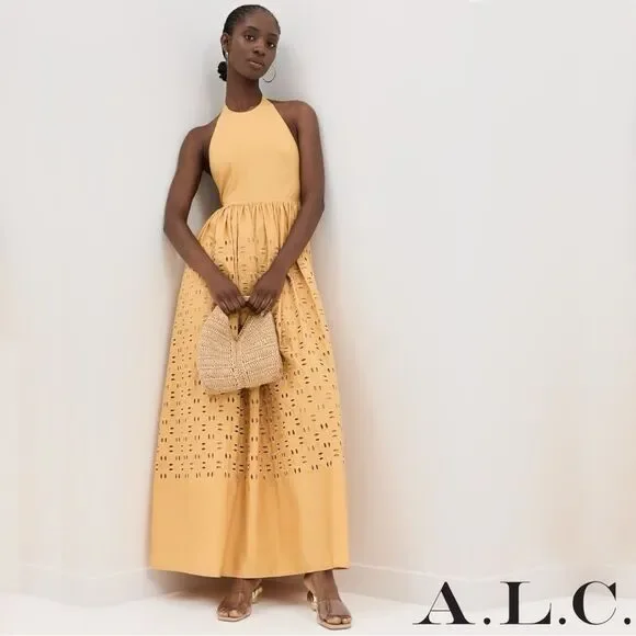 A.L.C. **NWT** Blair Eyelet Halter Cotton Maxi Dress Butterscotch Yellow